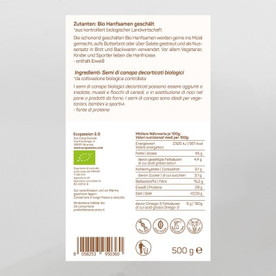 ecopassion® SEMI DI CANAPA BIO decorticati (500 g) – IT BIO 013 ecopassion® SEMI DI CANAPA BIO decorticati (500 g) – IT BIO 013